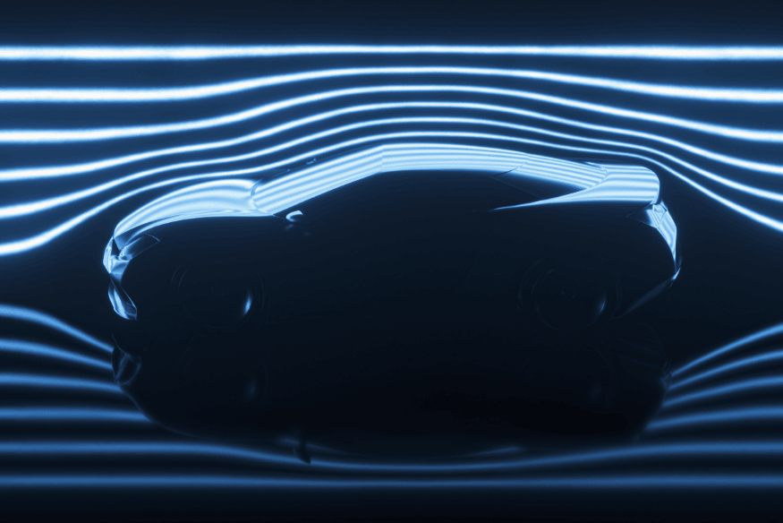 Visualização em túnel de vento com linhas de fluxo de ar ao redor de um carro esportivo, destacando a interação do ar com a carroceria.