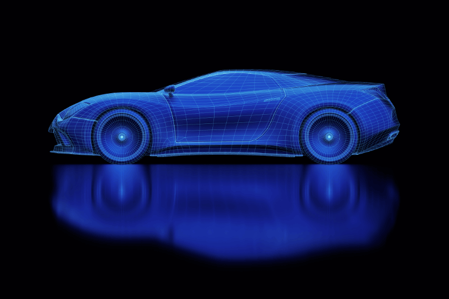 Modelo digital 3D de um carro esportivo com estrutura de arame em azul, ilustrando o estudo de aerodinâmica veicular.