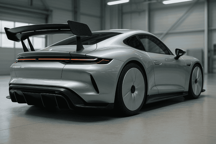 Componentes aerodinâmicos de um carro moderno, com destaque para spoilers, difusores e rodas especiais.