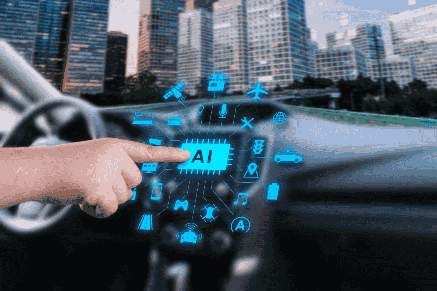 Mão interagindo com painel de carro digital com interface de inteligência artificial