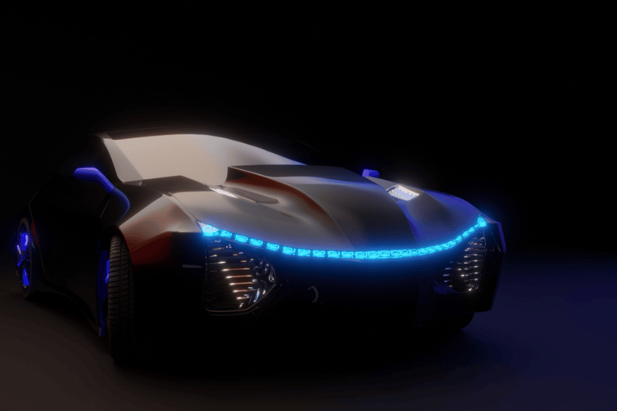 Protótipo de carro futurista com luzes LED azuis em ambiente escuro