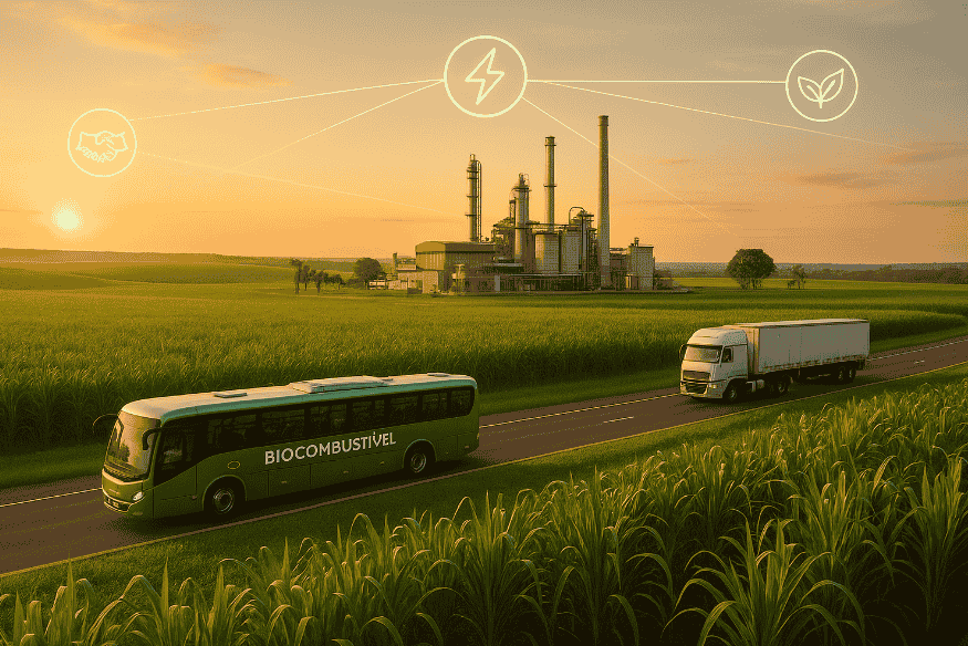 Usina de biocombustível em meio a plantação de cana-de-açúcar com ônibus e caminhão movidos a biocombustível circulando em estrada ao entardecer, conectados a ícones de energia, sustentabilidade e cooperação.
