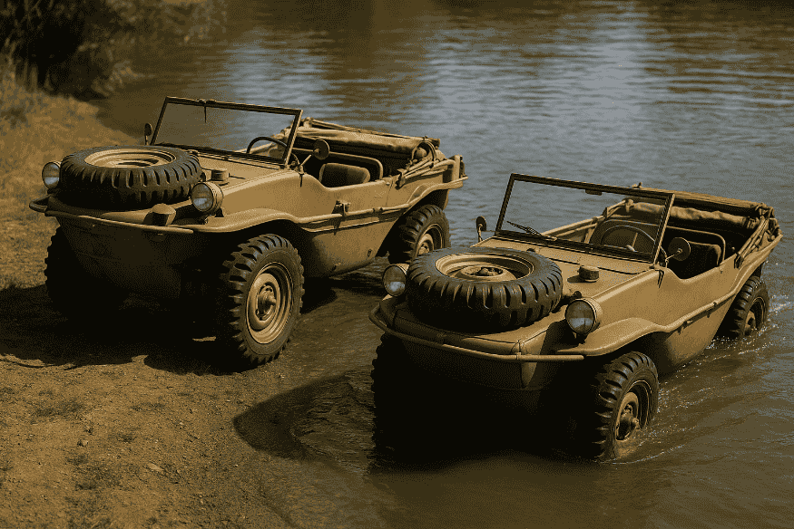 Dois Volkswagen Schwimmwagen da Segunda Guerra Mundial entrando na água, projetados para operar em ambientes anfíbios