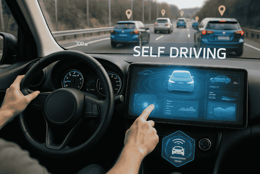 Condutor interagindo com o painel de controle de um carro autônomo em uma rodovia, com interface digital indicando modo de direção automática e veículos detectados à frente.