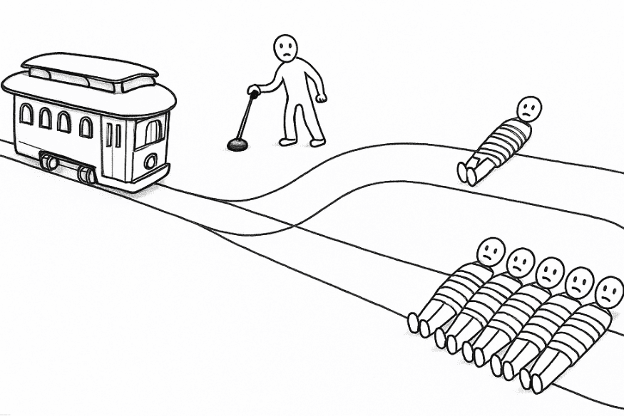 Ilustração do dilema do bonde, mostrando uma pessoa prestes a decidir entre duas vias: uma com cinco pessoas amarradas nos trilhos e outra com uma única pessoa, enquanto um bonde se aproxima.