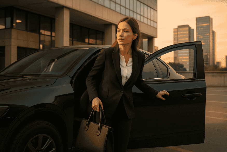 Executiva saindo de um carro preto blindado em ambiente empresarial