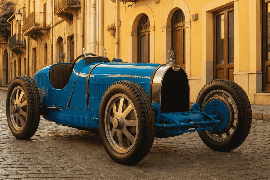 Bugatti Type 35 azul estacionado em rua de paralelepípedo com prédios históricos ao fundo.