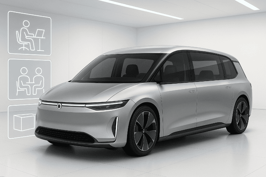 Carro conceito futurista com layout personalizável para transporte, lazer ou trabalho.