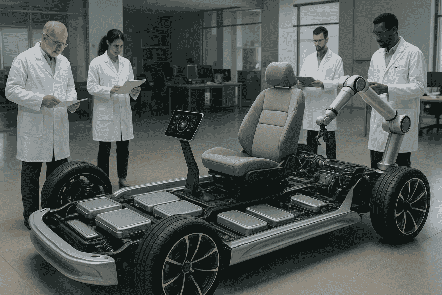 Plataforma modular de carro elétrico com pesquisadores testando tecnologias de reconfiguração automotiva.