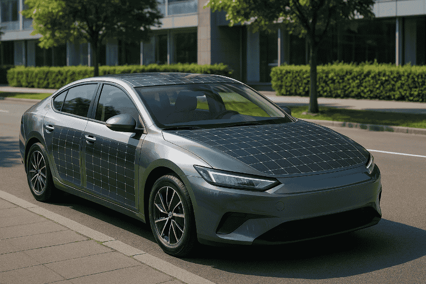Carro moderno equipado com painéis solares integrados na carroceria, estacionado em rua arborizada.
