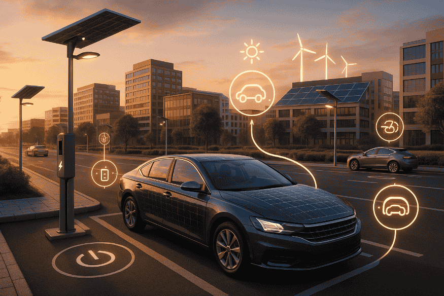 Carro solar conectado a poste de recarga em cidade sustentável, com ícones digitais representando energia solar, vento, carregamento e conectividade.
