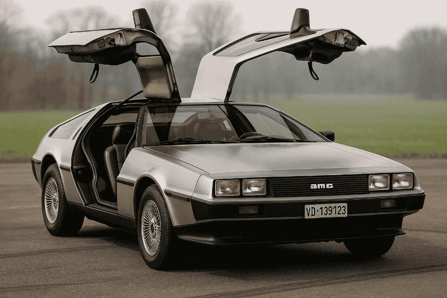 DeLorean DMC-12 com portas asa de gaivota abertas, icônico carro do filme “De Volta para o Futuro”, estacionado em pista vazia.