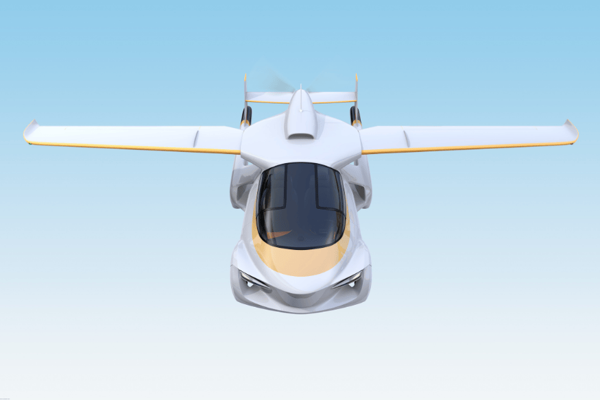Veículo aéreo futurista branco com asas estendidas em fundo azul claro, simbolizando inovação em design e mobilidade aérea pessoal.