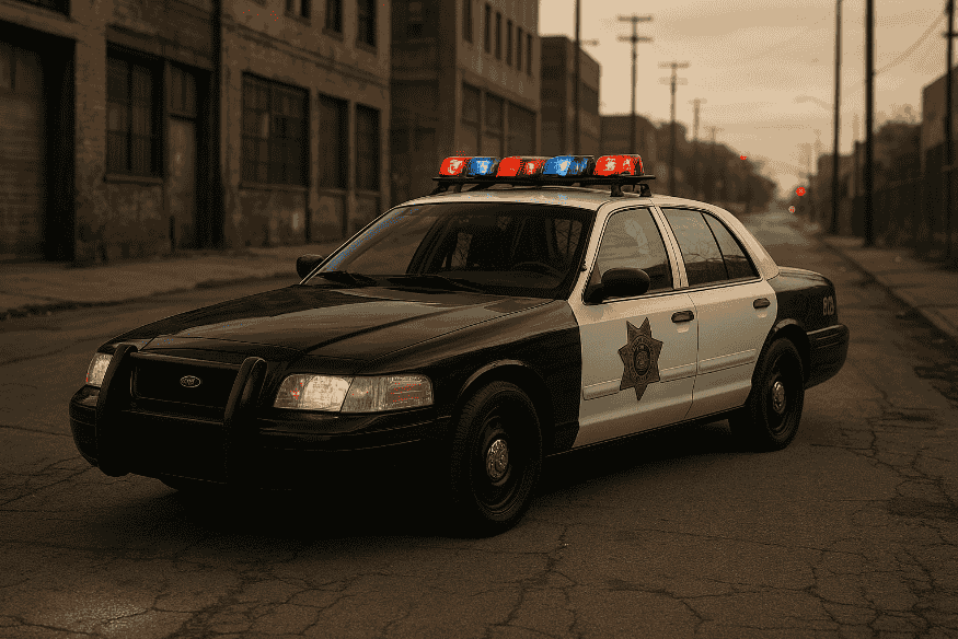 Ford Crown Victoria Police Interceptor estacionado em uma rua vazia, representando uma viatura policial clássica dos EUA.