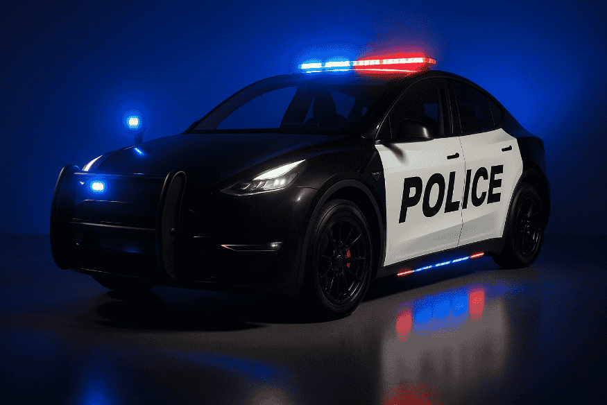 Tesla Model Y adaptado como viatura policial moderna, com pintura preta e branca e luzes de emergência ligadas.