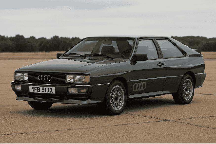 Audi Quattro preto clássico estacionado, símbolo da revolução dos carros com tração nas quatro rodas no rally.