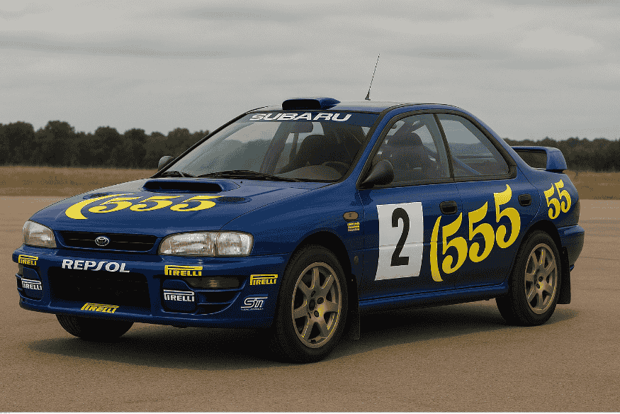 Carro Subaru Impreza WRX de rally azul com a icônica pintura "555", usado na década de 1990.