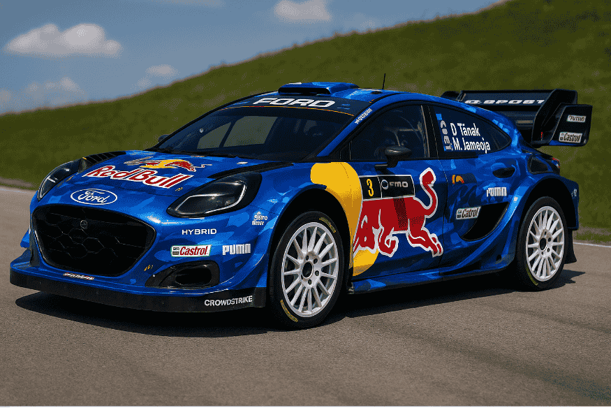Ford Puma Rally1 híbrido da equipe Red Bull, decorado com patrocinadores e pronto para competição.