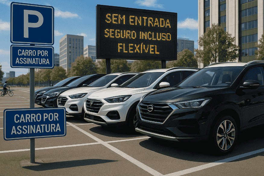 Estacionamento com carros por assinatura e painel eletrônico anunciando benefícios como "sem entrada" e "seguro incluso".