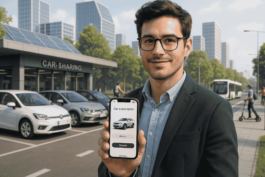 Homem segurando smartphone com aplicativo de assinatura de carro, em frente a uma central de car sharing.