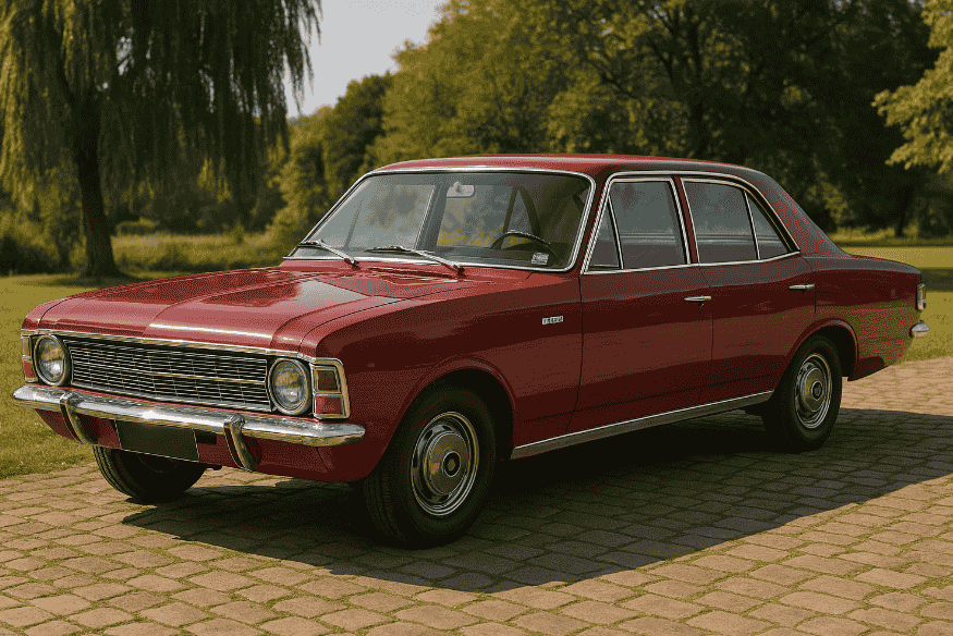 Chevrolet Opala 1970 vermelho com quatro portas estacionado em área arborizada com piso de paralelepípedo.