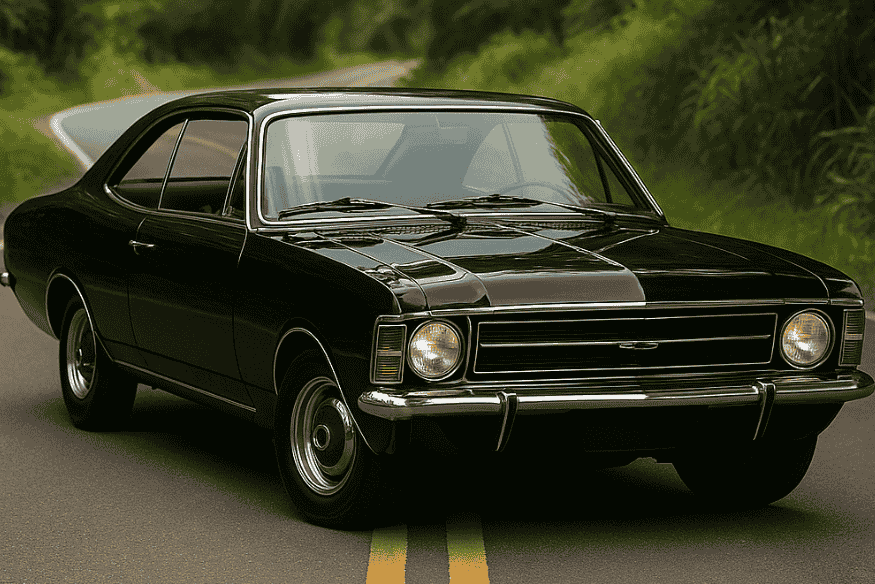 Chevrolet Opala preto clássico dirigido em estrada cercada por vegetação, com faróis acesos.