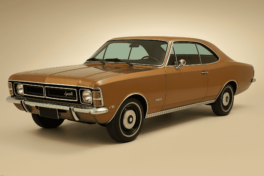 Chevrolet Opala marrom modelo cupê dos anos 70 fotografado em estúdio com fundo bege.
