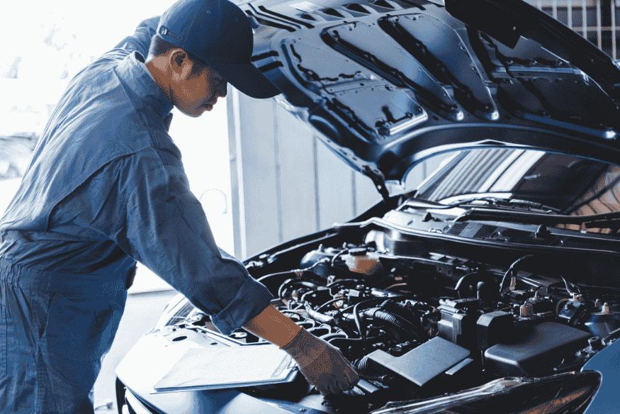 Mecânico inspecionando o motor de um carro com o capô aberto em uma oficina iluminada.