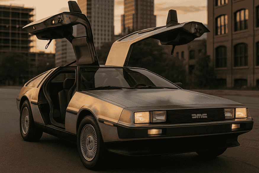 Carro DeLorean DMC-12 clássico com portas asa de gaivota abertas, estacionado ao entardecer em área urbana.