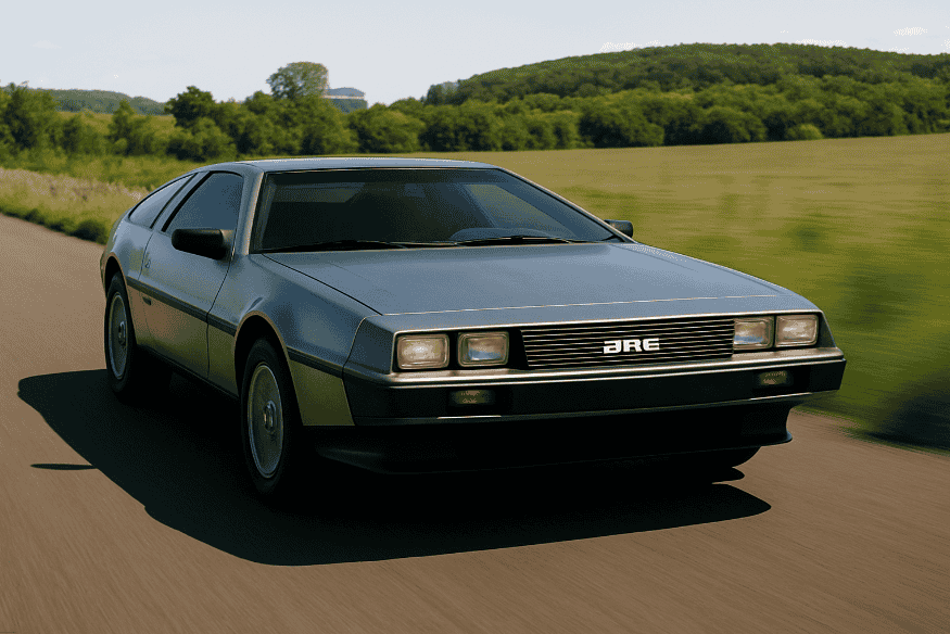 Carro DeLorean DMC-12 clássico em movimento por uma estrada rural, com paisagem verde ao fundo e céu claro.