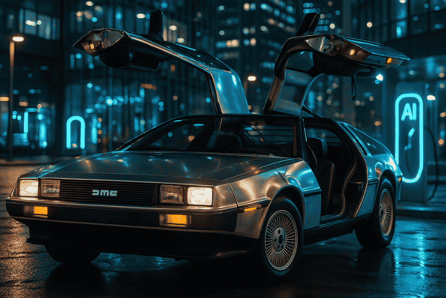 Carro DeLorean DMC-12 com portas abertas em estilo asa de gaivota, estacionado em uma rua urbana iluminada à noite, com prédios modernos e luzes neon azuis destacando uma estação de recarga com símbolo de inteligência artificial.