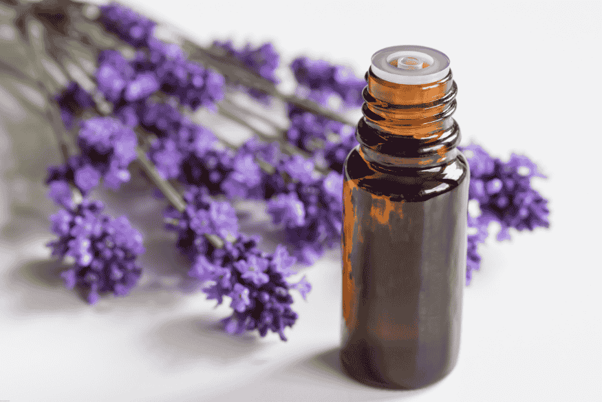 Frasco de óleo essencial com ramos de lavanda ao fundo, sobre superfície branca.