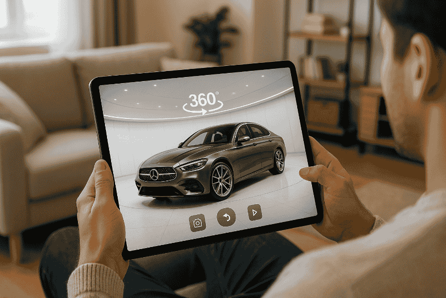 Pessoa usando um tablet para explorar um showroom virtual de carros em tour 360 graus no conforto de casa.