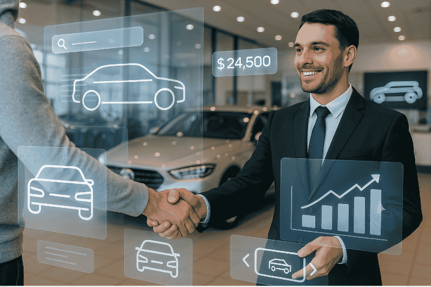 Cliente fechando negócio em uma concessionária moderna com interfaces digitais integradas, simbolizando a transformação do setor automotivo.