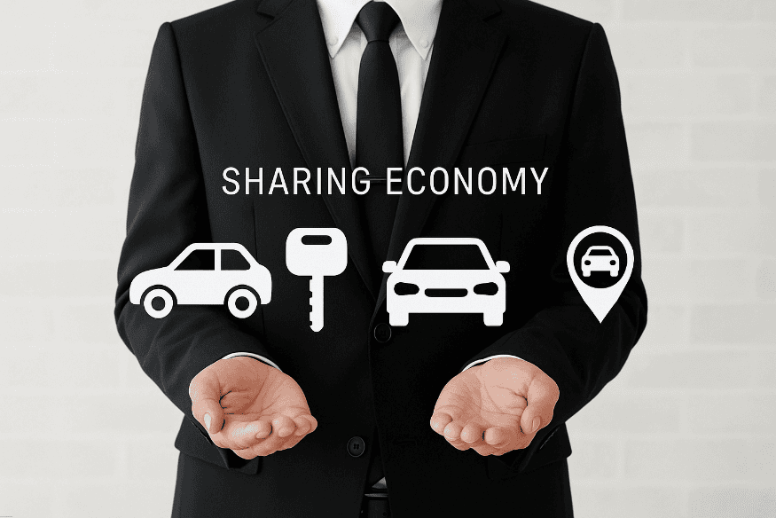 Homem de terno exibindo ícones relacionados a economia compartilhada de veículos, incluindo carro, chave e localização.
