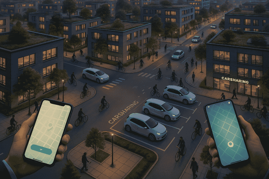 Cidade moderna com sistemas de mobilidade integrados, incluindo carros compartilhados, bicicletas e veículos autônomos, representando o futuro da mobilidade urbana.
