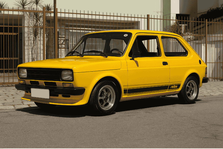 Fiat 147 Rallye amarelo esportivo estacionado em frente a uma residência.