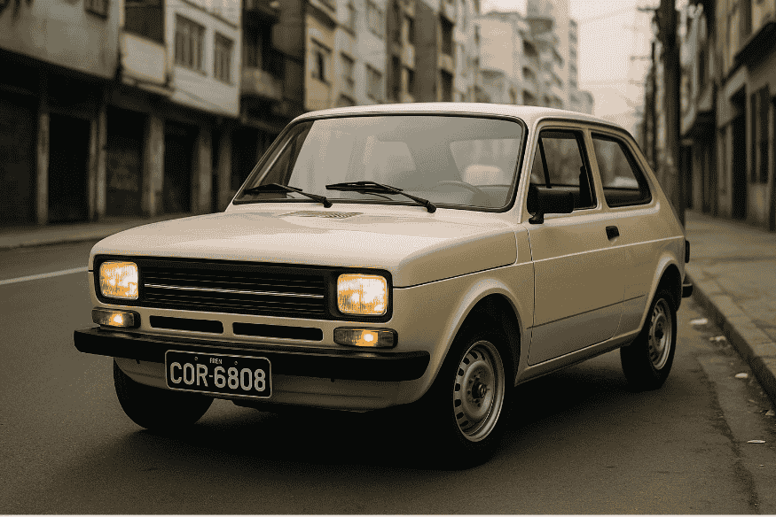 Fiat 147 original bege circulando em rua urbana antiga.