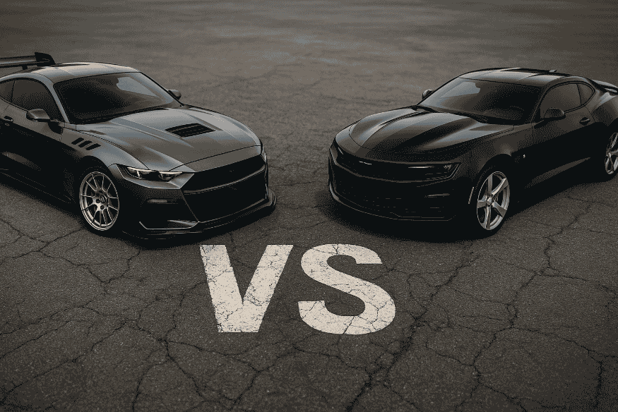 Ford Mustang e Chevrolet Camaro frente a frente em pista de asfalto, com sinalização "VS" no chão representando a rivalidade entre os dois muscle cars