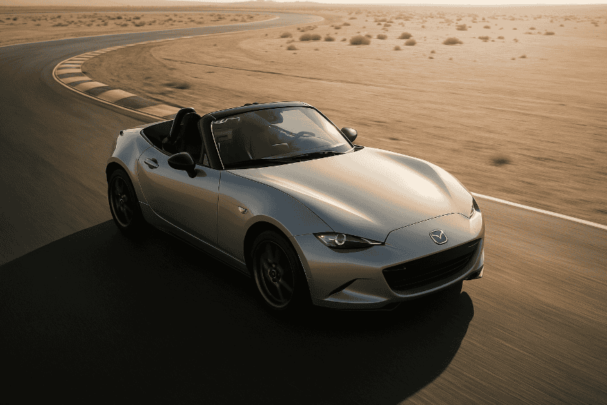 Mazda MX-5 Miata prateado em alta velocidade numa pista no deserto.