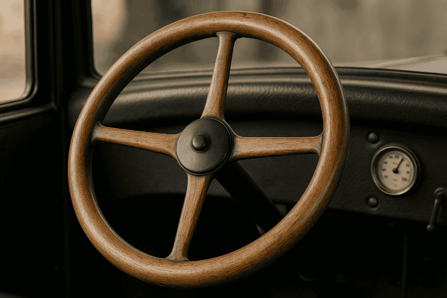 Volante clássico de madeira em um carro antigo.