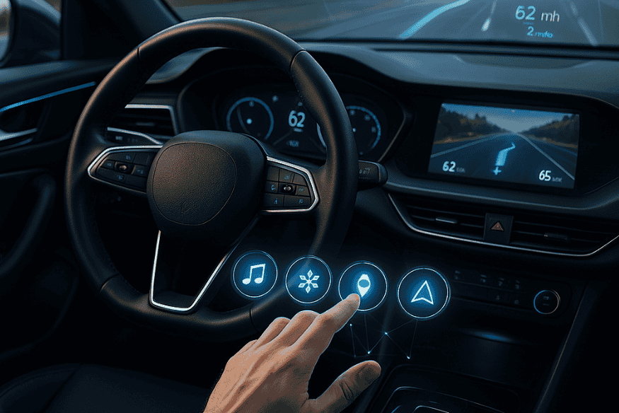 Mão interagindo com sistema automotivo por gestos, exibindo ícones digitais no ar, ao lado de um volante moderno com HUD.