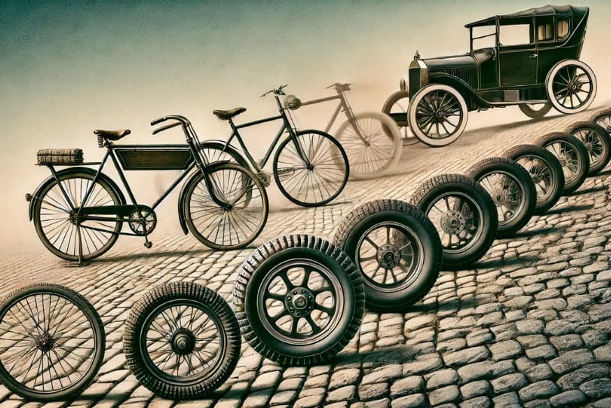 Linha do tempo visual da evolução dos pneus, com bicicletas antigas e carros antigos em fundo retrô.
