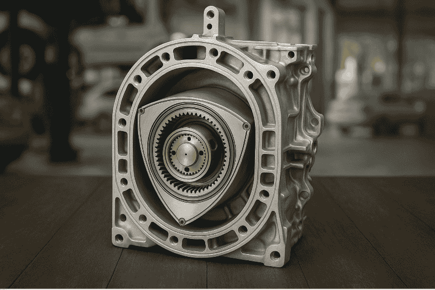 Motor Wankel em exposição, destacando o rotor e a carcaça metálica.