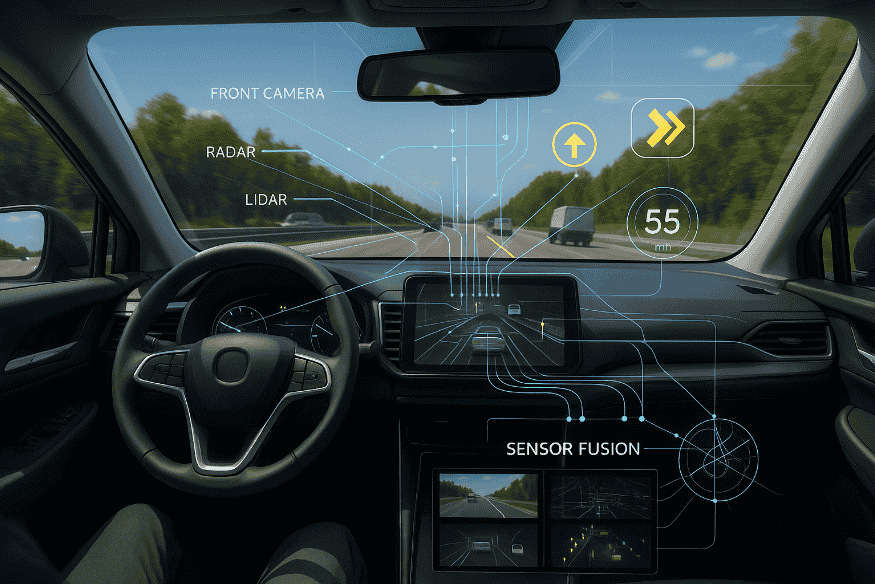 Visualização de HUD com sensores integrados e software processando dados em tempo real para realidade aumentada no carro