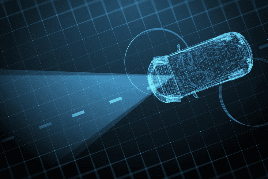 Visualização digital de carro com sensores mapeando a pista em tempo real em ambiente simulado de alta tecnologia