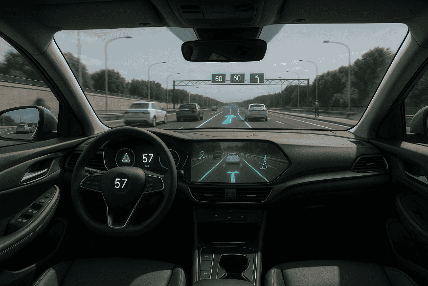 Painel de carro moderno com projeções de realidade aumentada no para-brisa mostrando navegação, velocidade e alertas de segurança