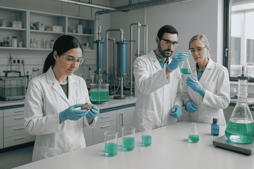 Cientistas em laboratório realizando testes com soluções químicas verdes para reciclagem de metais de baterias.