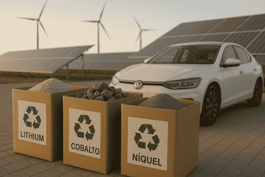 Carro elétrico ao lado de caixas de reciclagem com lítio, cobalto e níquel, em frente a painéis solares e turbinas eólicas.