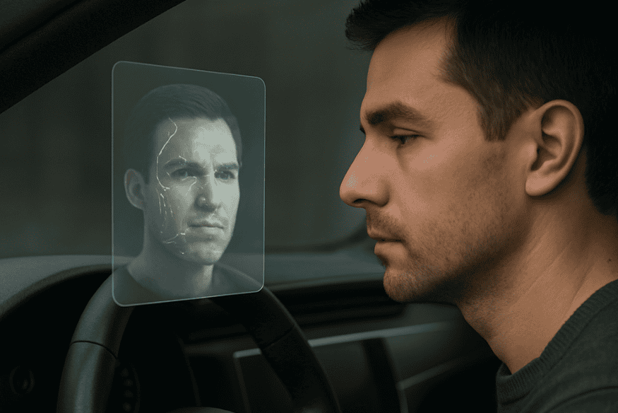 Motorista diante de uma interface translúcida projetada no volante, exibindo seu rosto sendo escaneado por sistema de reconhecimento facial.